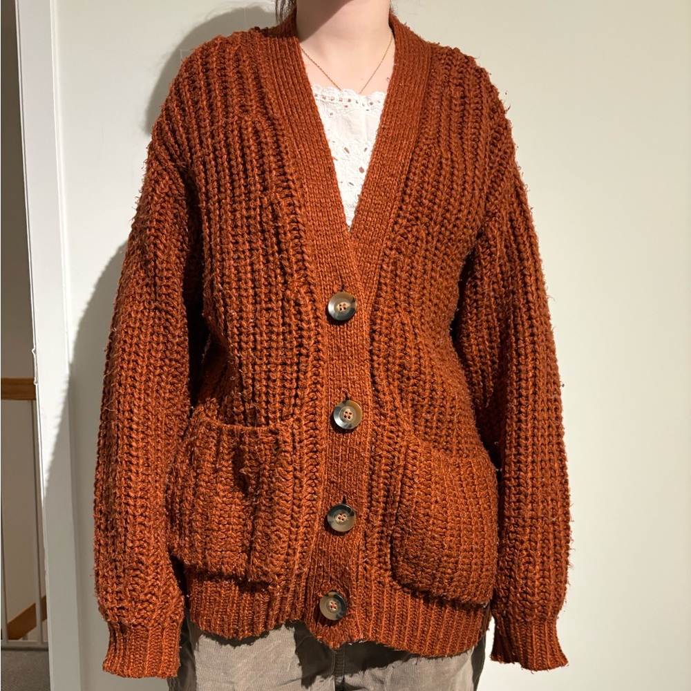 Forever 21 Chunky Rust Cardigan Sweater - Burnt Orange Knit
